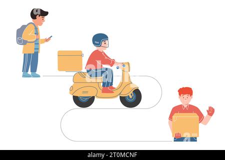 Commande du client en utilisant l'application mobile de téléphone intelligent pour l'envoi de livraison shopping acheter service de nourriture envoyer paquet moto conducteur moto Illustration de Vecteur