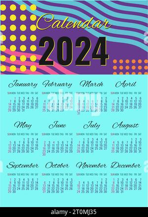calendrier 2024 bonne année. Vertical bleu violet rose jaune. Couleurs vives à la mode style 90s. Modèle de mise en page. Affiche de conception, bannière. Illustration vectorielle. Illustration de Vecteur
