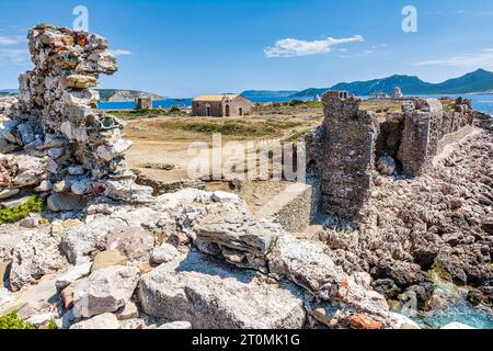 Vue panoramique sur le château de Methoni. Le château est une fortification médiévale dans la ville portuaire de Methoni, Messinia Péloponnèse, Grèce. Banque D'Images