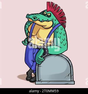 Crocodile gangster de dessin animé avec un mohawk rouge debout près d'une pierre tombale Banque D'Images