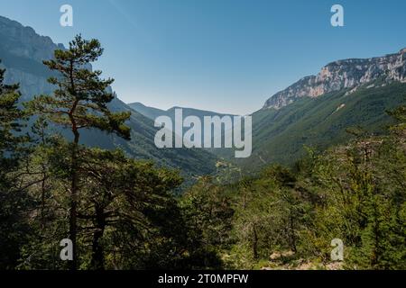 Vue sur les falaises calcaires du cirque Archiane près de Chatillon en Diois dans les Alpes françaises (Drome) Banque D'Images