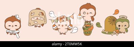 Collection de Vector Halloween Owl Art. Ensemble d'illustration isolée d'oiseau de forêt Halloween. Illustration de Vecteur