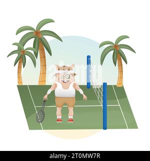 Illustration de monstre sportif mignon, clip art graphique de joueur de tennis, clipart d'activités Banque D'Images
