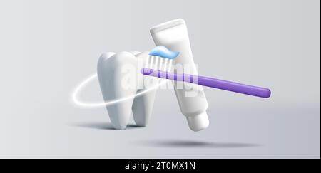 Illustration 3D d'une dent avec pâte dentifrice et brosse et cercle brillant protecteur, bannière de soins dentaires Illustration de Vecteur