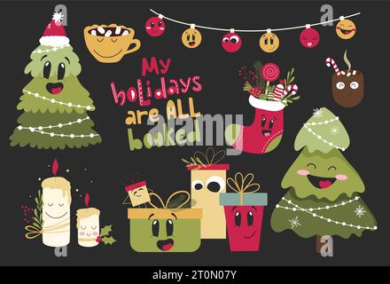 Ensemble de Noël de mascotte Trandy. Sapins de Noël joyeux dessinés à la main, boîtes cadeaux souriantes, guirlande émotionnelle, tasses de cacao chaud mignons et bougies paisibles. Illustration de Vecteur
