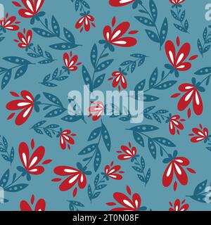 Modèle élégant sans couture avec des fleurs dessinées à la main sur fond bleu. Illustration de Vecteur