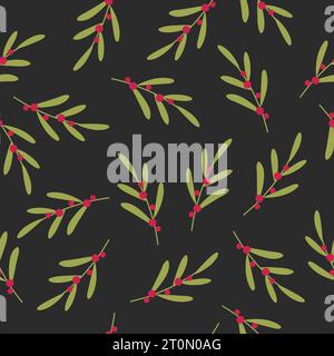 Modèle élégant sans couture avec branche de feuilles vertes et baies rouges sur fond sombre. Illustration de Vecteur