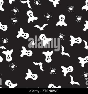 motif halloween sans couture avec fantôme, chauves-souris et araignée fond noir et blanc Illustration de Vecteur