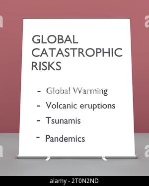 Illustration 3D d’un écran rollup affichant les principaux risques catastrophiques mondiaux : réchauffement climatique, éruptions volcaniques, tsunamis, pandémies. Banque D'Images