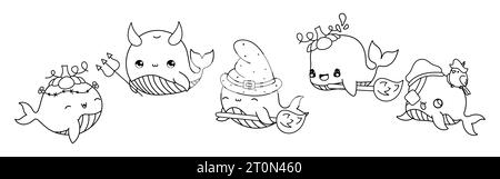 Ensemble de Kawaii Halloween Whale Coloriage page. Collection de Cute Vector Halloween Animal Outline. Illustration de Vecteur