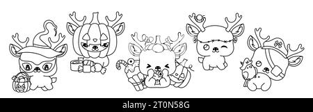 Collection de Vector Halloween Deer Outline. Ensemble de page de coloriage d'animaux forestiers d'Halloween isolée Illustration de Vecteur