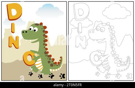 Dessin animé vectoriel de dinosaure mignon avec des lettres, une page à colorier ou un livre Illustration de Vecteur