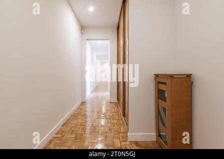 Hall d'entrée d'une maison avec couvercle de radiateur, armoire intégrée, long couloir avec des murs blancs lisses fraîchement peints et des planchers de parquet à lattes Banque D'Images