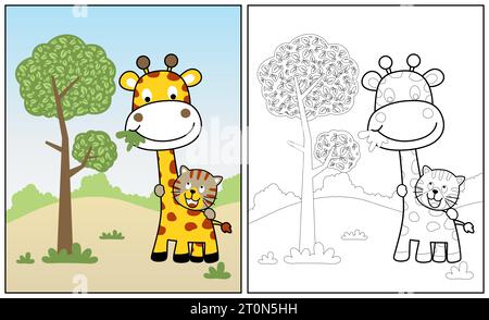 petit tigre avec girafe dans la forêt, illustration de dessin animé vectoriel, coloriage ou livre Illustration de Vecteur