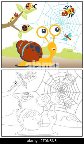 Escargot mignon avec des insectes, illustration de dessin animé vectoriel, livre de coloriage ou page Illustration de Vecteur