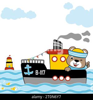 illustration de dessin animé vectoriel de l'ours mignon sur le bateau avec phare et poissons Illustration de Vecteur