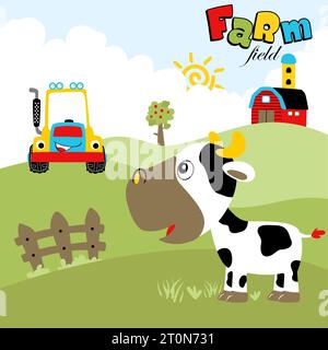 Vache drôle avec tracteur dans le champ de ferme, illustration de dessin animé vectoriel Illustration de Vecteur