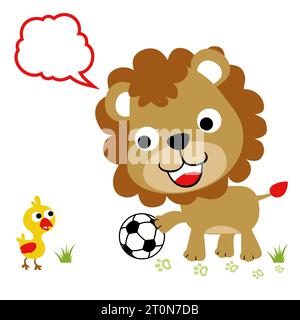 lion mignon avec petit canard jouant au football, illustration de dessin animé vectoriel Illustration de Vecteur