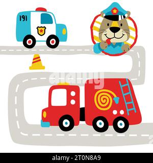 Véhicule de sauvetage sur la route avec chat drôle tenant sifflet, éléments de circulation, illustration de dessin animé vectoriel Illustration de Vecteur