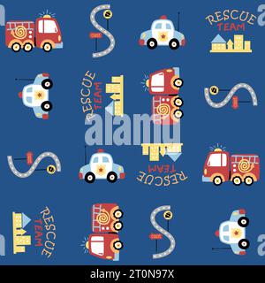 Dessin animé vectoriel modèle sans couture de véhicules d'équipe de sauvetage avec des éléments de trafic Illustration de Vecteur