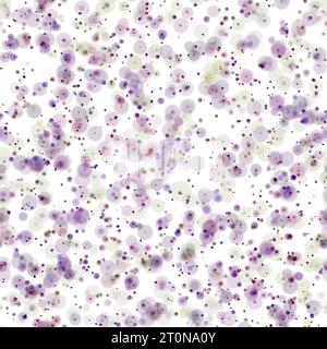 Cercles multicolores pâles aléatoires avec différentes tailles. Couleurs violette, magenta et verte sur fond blanc. Motif sans couture Banque D'Images