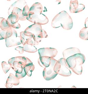Coeurs volants transparents sur le fond blanc. Motif sans couture abstrait. Couleurs vert émeraude et marron. Banque D'Images
