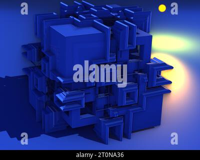 Arrière-plan 3D abstrait avec des segments extrudés aléatoirement. Segmentation détaillée de la surface plane. Architecture abstraite. illustration 3d. Bleu et jaune Banque D'Images