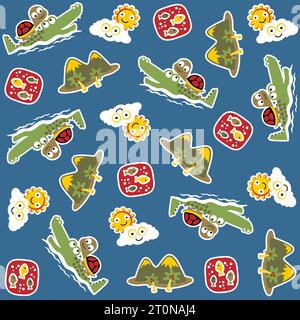 Motif sans couture de dessin animé vectoriel de balade mignonne de tortue sur crocodile avec des poissons, montagne avec objet de ciel drôle Illustration de Vecteur