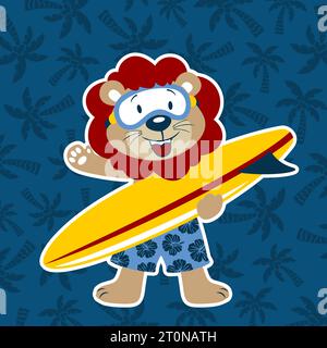 Mignon lion tenant la planche de surf sur le motif de fond de palmier, illustration de dessin animé vectoriel Illustration de Vecteur