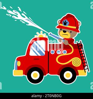 dessin animé de vecteur d'ours drôle sur camion de pompiers pulvérisant de l'eau Illustration de Vecteur