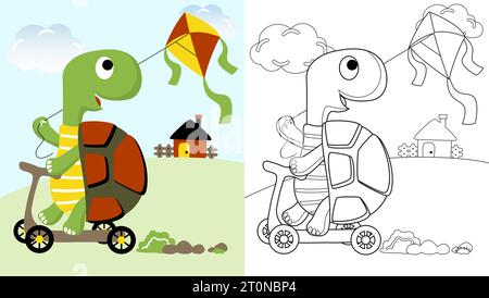 Scooter d'équitation de tortue mignon tout en jouant cerf-volant, dessin animé vectoriel, coloriage ou livre Illustration de Vecteur