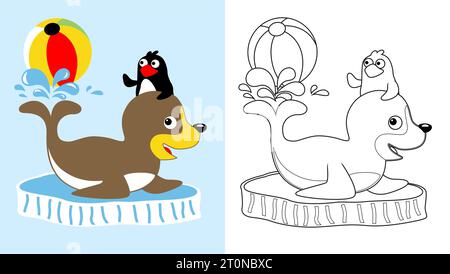 Sceau mignon avec pingouin jouant la balle sur morceau de glace, dessin animé vectoriel, page de coloriage ou livre Illustration de Vecteur