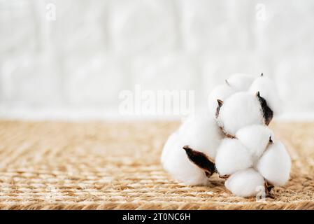 toile de fond parfaite pour d'autres éléments. Fleurs de coton sur tapis de jute. l'image pourrait être utilisée pour promouvoir un mode de vie sain ou des traitements de spa. espace de copie de la vue latérale Banque D'Images