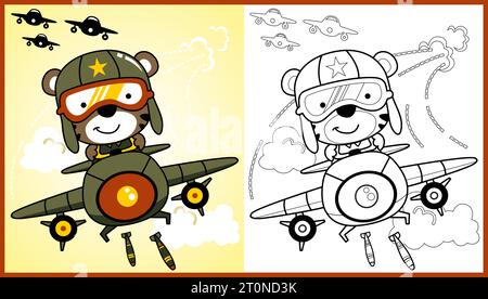 dessin animé vectoriel de soldat d'ours mignon sur avion militaire, coloriage ou livre Illustration de Vecteur