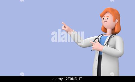 Illustration 3D de Female Doctor Nova vous montrant le chemin, pointant son doigt vers l'espace de copie vide pour la publicité. Style minimaliste. Rendu 3D sur bleu b Banque D'Images