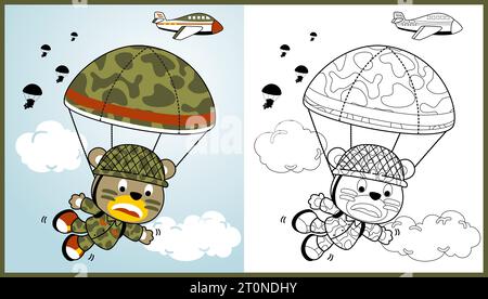 saut en parachute de soldat d'ours drôle, illustration de dessin animé vectoriel, livre de coloriage ou page Illustration de Vecteur