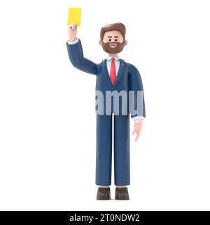 Illustration 3D de l'homme d'affaires américain Bob montrant Yellow card.3D rendu sur fond blanc. Banque D'Images