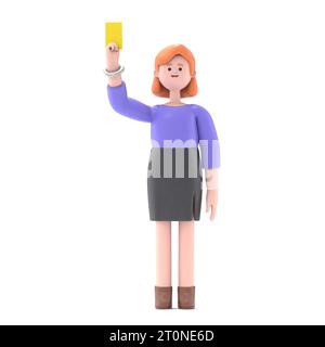 Illustration 3D de la femme d'affaires européenne Ellen montrant Yellow card.3D rendu sur fond blanc. Banque D'Images