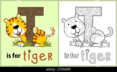 Apprenez à épeler le nom du tigre, illustration de dessin animé vectoriel, coloriage ou livre Illustration de Vecteur
