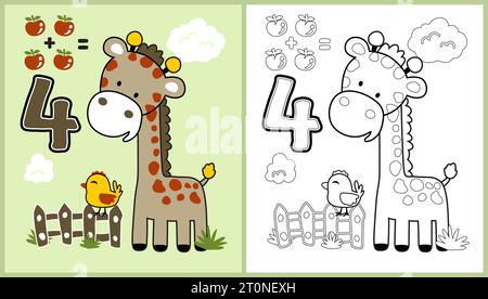 Mignon girafe et poussin comptant les fruits, illustration de dessin animé vectoriel, coloriage ou livre Illustration de Vecteur