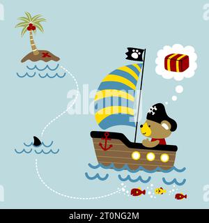 petit ours sur le voilier aller à la petite île, des éléments pirates, illustration de dessin animé vectoriel Illustration de Vecteur