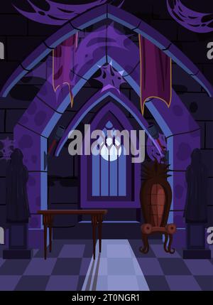 Intérieur abandonné vieux palais de château sombre, trone effrayant, fenêtre, lune, toile d'araignée. Scène d'Halloween effrayante de minuit. Illustration de style dessin animé vectoriel Illustration de Vecteur