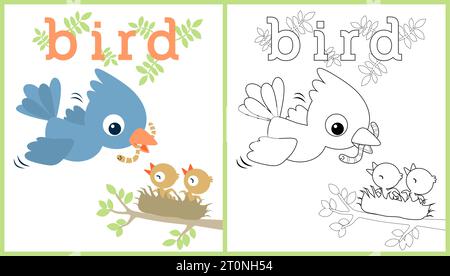 illustration de dessin animé vectoriel d'un oiseau nourrissant son petit avec ver sur le nid, le livre de coloriage ou la page Illustration de Vecteur