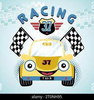voiture de course souriante avec des éléments de course, illustration de dessin animé vectoriel Illustration de Vecteur