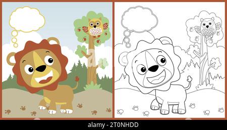 dessin animé vectoriel de lion mignon avec hibou perché sur l'arbre dans la forêt, livre de coloriage ou page Illustration de Vecteur