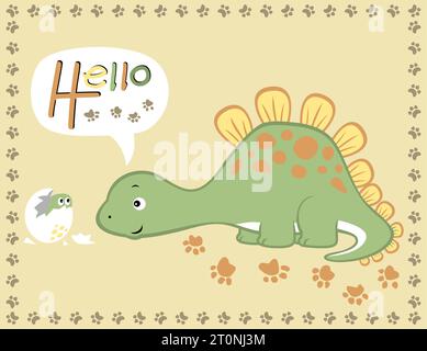 Dinosaure drôle avec son bébé sur la bordure de cadre d'empreinte, illustration de dessin animé vectoriel Illustration de Vecteur