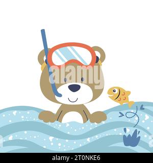 Ours mignon portant des lunettes de plongée dans la mer avec un poisson, illustration de dessin animé vectoriel Illustration de Vecteur
