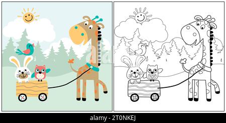 dessin animé vectoriel de girafe mignon tirant ses amis avec le chariot, le livre de coloriage ou la page Illustration de Vecteur