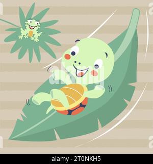 mignon tortue glisser vers le bas sur la feuille de banane avec grenouille sur la feuille, illustration de dessin animé vectoriel Illustration de Vecteur