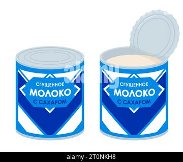Lait condensé vintage en conserve. Texte russe : « lait condensé au sucre ». Illustration de clip art vectoriel de dessin animé. Illustration de Vecteur